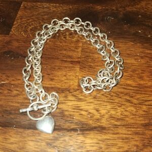 Vintage Sterling Silver Puffy Heart Pendant Toggle Chain Necklace.